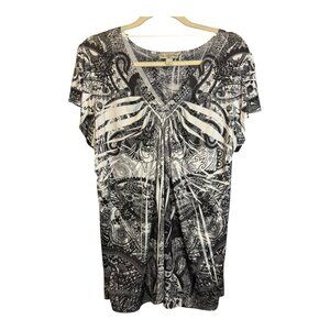 Live and Let Live Blouse Women's Size 1X Swirls Aztec Flutter Black White